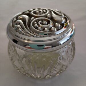 Vintage Avon Glass Vanity Jar with Ornate Silvertone Swirled Lid